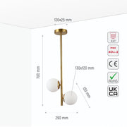 Size and specs of Vertical Opal Globes Gold Metal Body Ceiling light with 2xE27 Fittings | TEKLED 156-19510