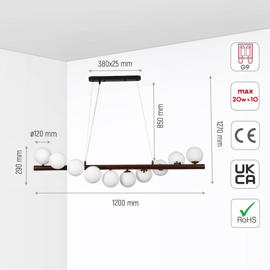 Size and specs of Walnut Wood Finish Metal Body Opal Glass Globes Kitchen Island Chandelier Ceiling Light with 10xG9 Fitting | TEKLED 158-19696