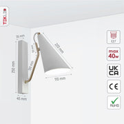 Size and specs of White Metal Cone Wall Light with E27 Fitting | TEKLED 151-19650