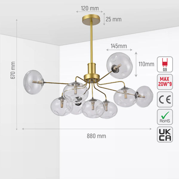 Close up of Multi-Arm Dimpled Globe Ceiling Light Elegant Gold | TEKLED 158-19702