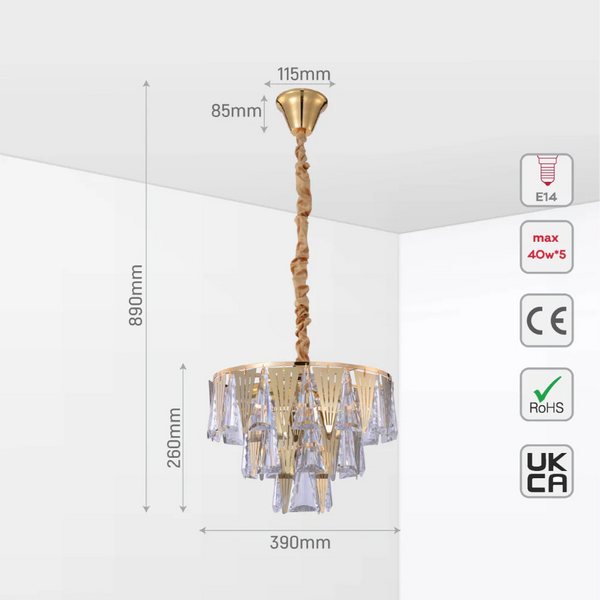 Size and tech specs of Opulent Gold Chandelier Ceiling Light with Triangular Crystal Elegance | TEKLED 159-17912