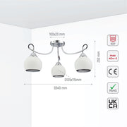 Size and tech specs of Opal Dome Glass Chrome Metal Semi Flush Ceiling Light | TEKLED 159-17580
