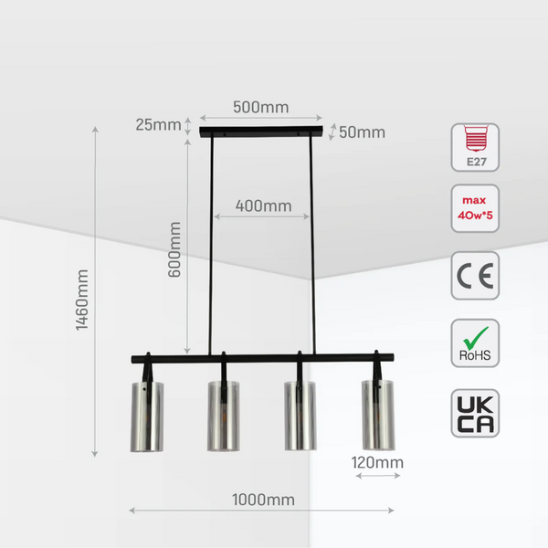 Size and certifications of Smoky Glass Chandelier - Linear & Round Variants, Adjustable Drop 150-19042