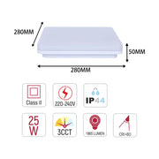 Size and technical specs of the Sv-k LED NIKA SQUARE 25W 3CCT  IP44 (TEKLED)-118-033911