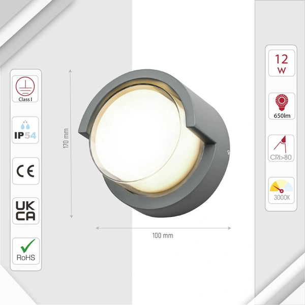 Технические характеристики круглой настенной лампы из алюминия, 12W, IP54, для уличного освещения в современном дизайне.