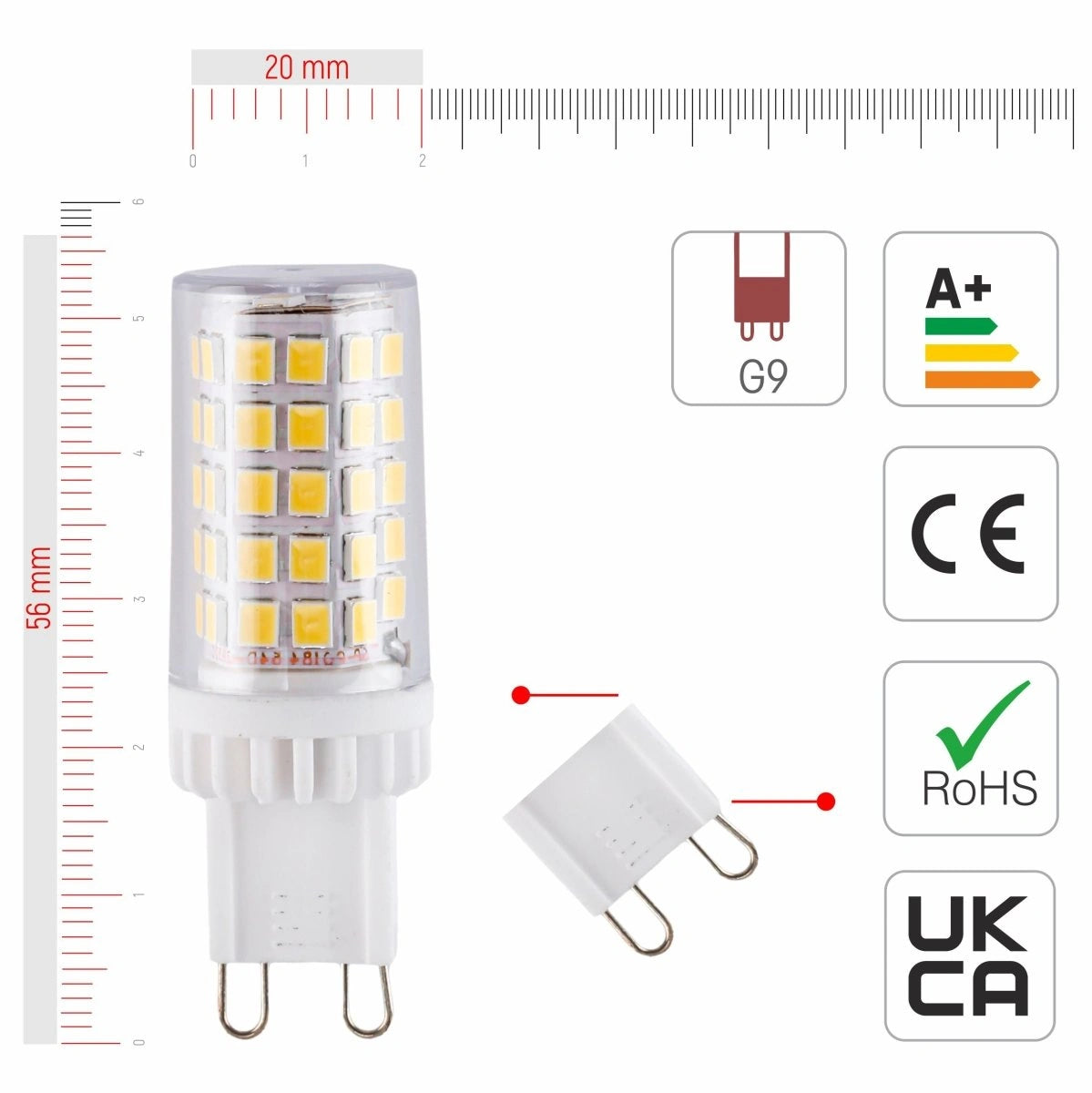 Техническая информация о LED капсульной лампе G9, мощностью 4.8W, световым потоком 500LM, подходит для освещения различных помещений.