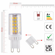 Техническая информация о LED капсульной лампе G9, мощностью 4.8W, световым потоком 500LM, подходит для освещения различных помещений.