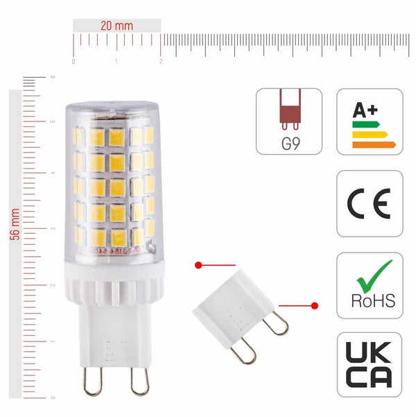 Техническая информация о LED капсульной лампе G9, мощностью 4.8W, световым потоком 500LM, подходит для освещения различных помещений.
