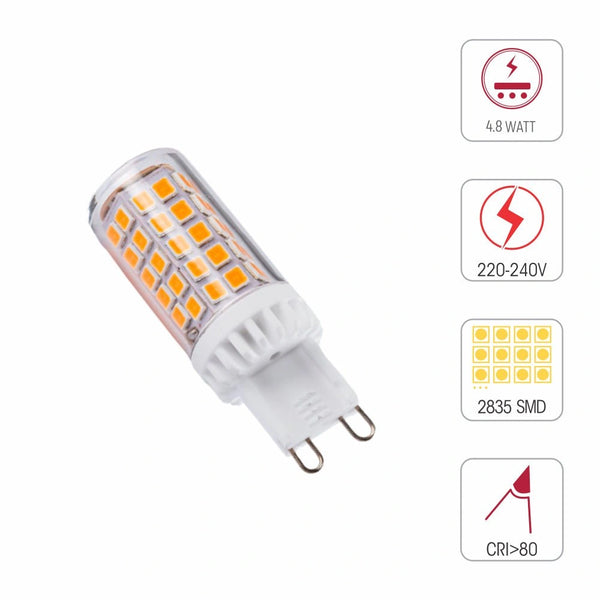 Техническая информация о LED-капсульной лампе G9, мощностью 4.8W и световым потоком 500lm, идеальна для домашних интерьеров.