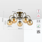 Size and tech specs of Swan Neck Antique Brass & Amber Globe Light | TEKLED 159-17995