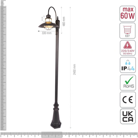 Технические характеристики фонаря с золотистым абажуром и матовым черным основанием, высота 2,45 м, идеально для городской эстетики.