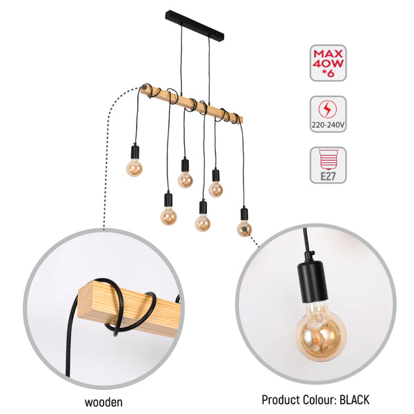 Contemporary multi-bulb pendant light with warm Edison-style bulbs and black & wood finish. Creates a cosy, inviting ambience.