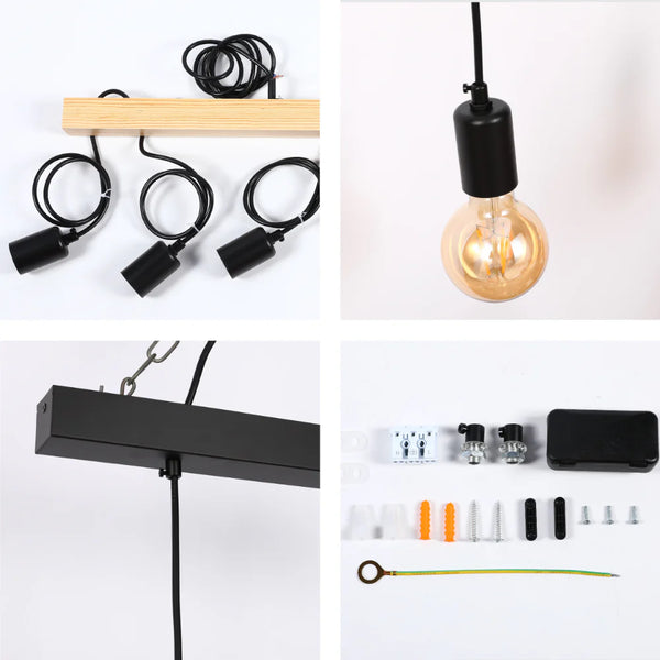 Modern industrial pendant lights. One with an Edison bulb. Some components are also on display.