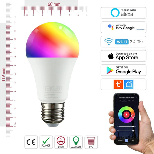 Технические характеристики умной LED лампы E27 9W RGB, идеальной для создания атмосферы в уютных интерьерах.