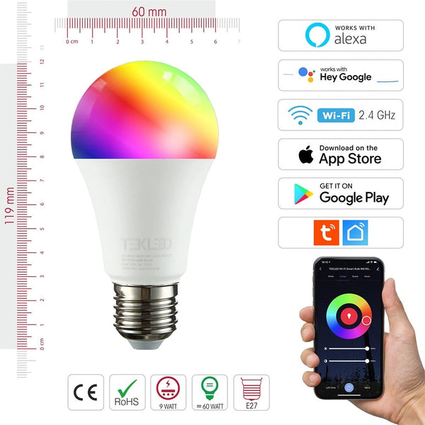 Технические характеристики умной LED лампы E27 9W RGB, идеальной для создания атмосферы в уютных интерьерах.