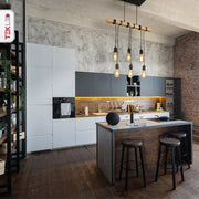 Timber wood rod dropping chandelier with 6xe27 fitting in indoor setting kitchen island