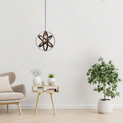 Rusty metal caged globe pendant light with e27 fitting in indoor setting living room