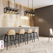 Black cuboid metal amber cylinder glass island chandelier with 4xe27 fitting in indoor setting kitchen island