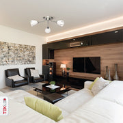 White glass chrome semi-flush ceiling light with 3xE27 fitting in indoor setting living room waiting room