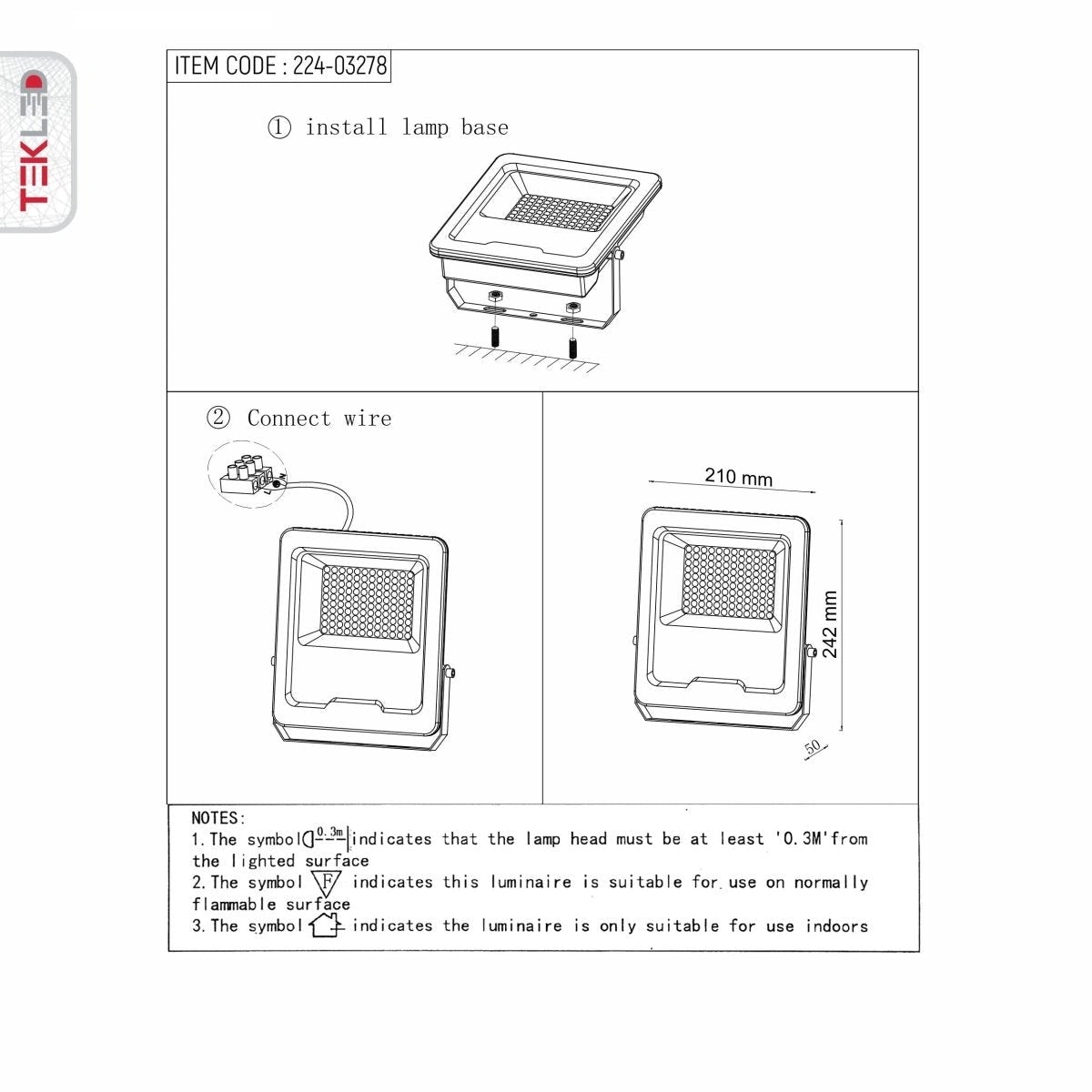 Технический чертеж светодиодного Floodlight 30W, с указанием размеров и инструкции по установке, идеальный для наружного освещения.