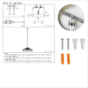 A diagram with components for fitting a ceiling light fixture, along with screws, wall plugs and the light fitting.