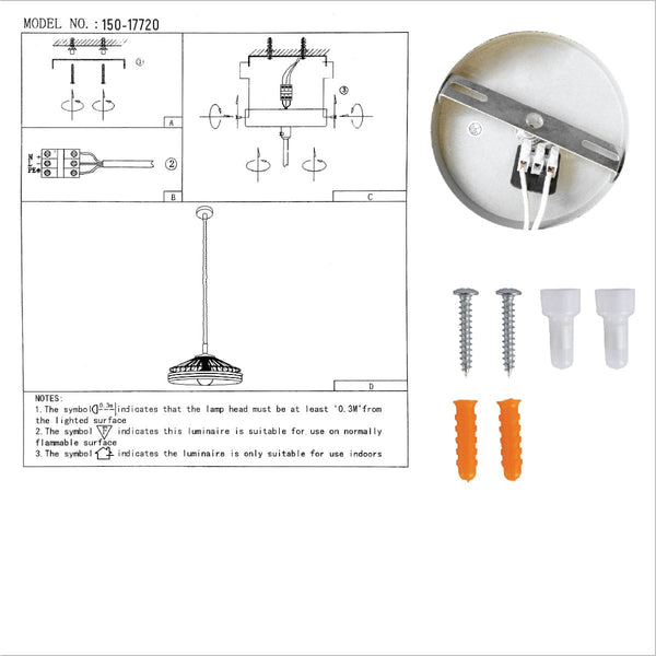 A diagram with components for fitting a ceiling light fixture, along with screws, wall plugs and the light fitting.