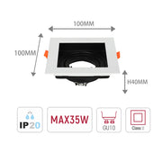 Size and technical specs of the Valiant Tiltable Square GU10 Downlight-143-03440