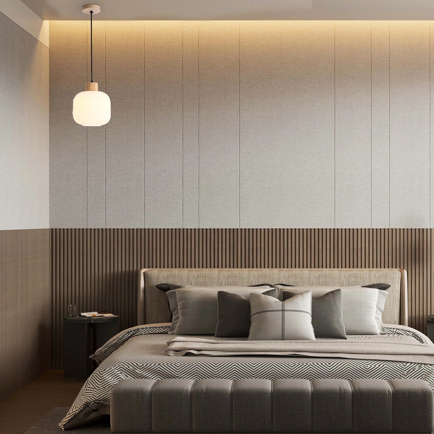 Contemporary bedroom lighting features a single pendant lamp, plus ambient light from hidden ceiling fixtures.