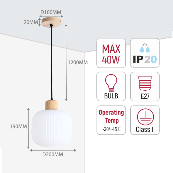 Pendant light. Dimensions: diameter 200mm, height 190mm. Suspension: 1200mm. Bulb: E27. Max 40W. IP20 rated. Class I.