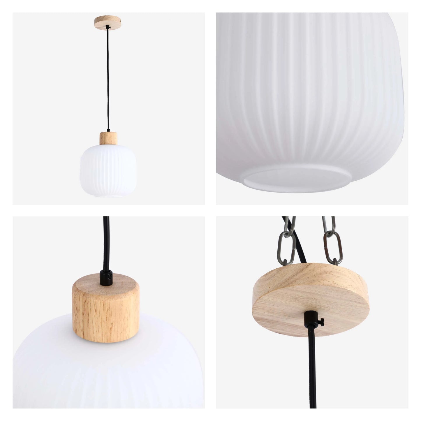 A modern pendant light with a white glass shade and light wood accents.