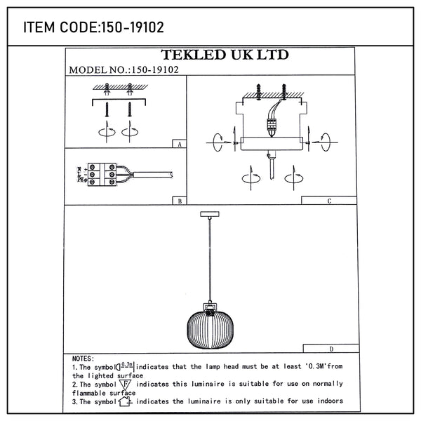 A technical diagram showcasing a pendant light. It also has electrical wiring and safety recommendations.