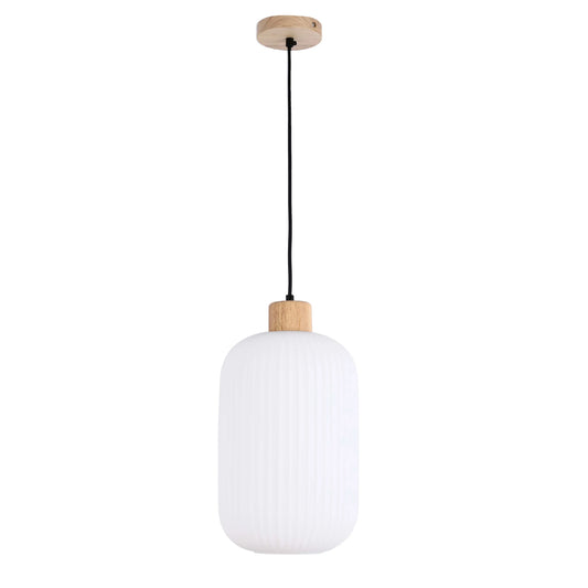 A contemporary pendant light with a white, ridged glass shade and wooden fittings. It's suspended by a sleek, black cable.