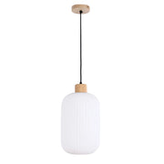 A contemporary pendant light with a white, ridged glass shade and wooden fittings. It's suspended by a sleek, black cable.