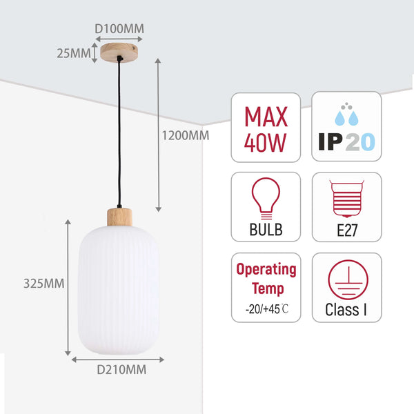 A stylish pendant light with a wooden ceiling rose and bulb holder. The lamp has a ridged, opaque glass shade. Dimensions included.