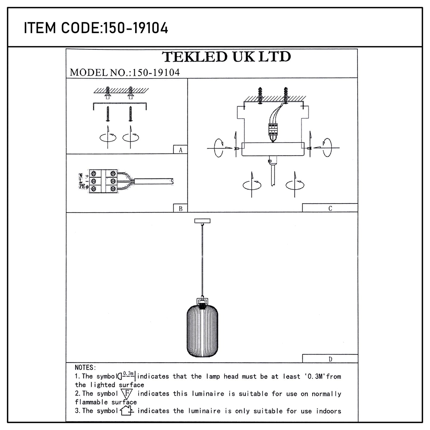 Technical diagram of a TEKLED UK LTD pendant light, model number 150-19104, showing installation and safety information.