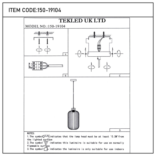 Technical diagram of a TEKLED UK LTD pendant light, model number 150-19104, showing installation and safety information.