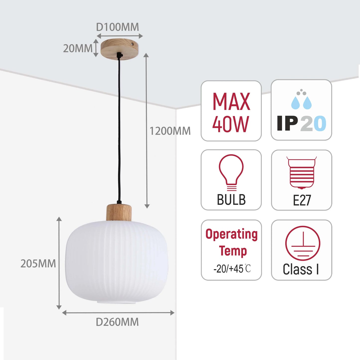 A pendant light on display showcasing dimensions, bulb compatibility, and technical specifications.