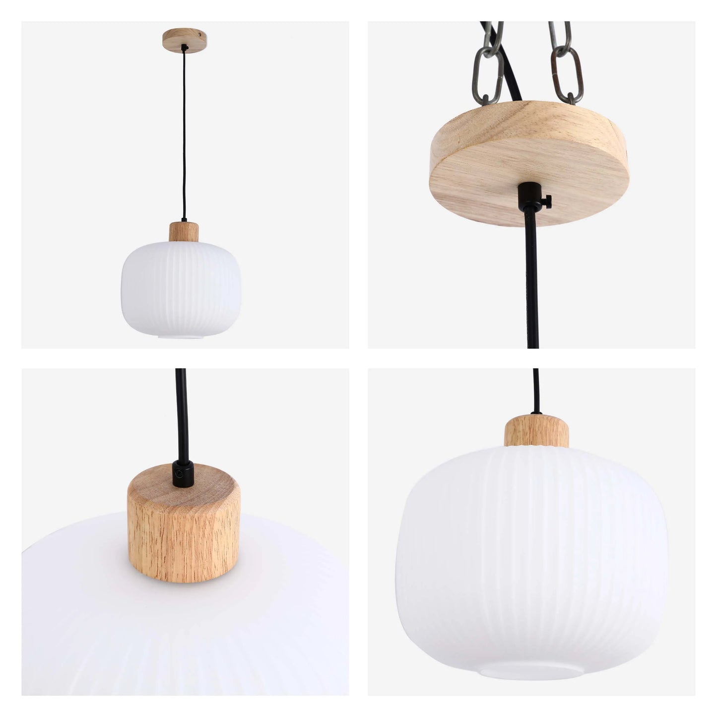 Stylish pendant light with wooden accents and a ribbed white glass shade. Modern design for ambient lighting.
