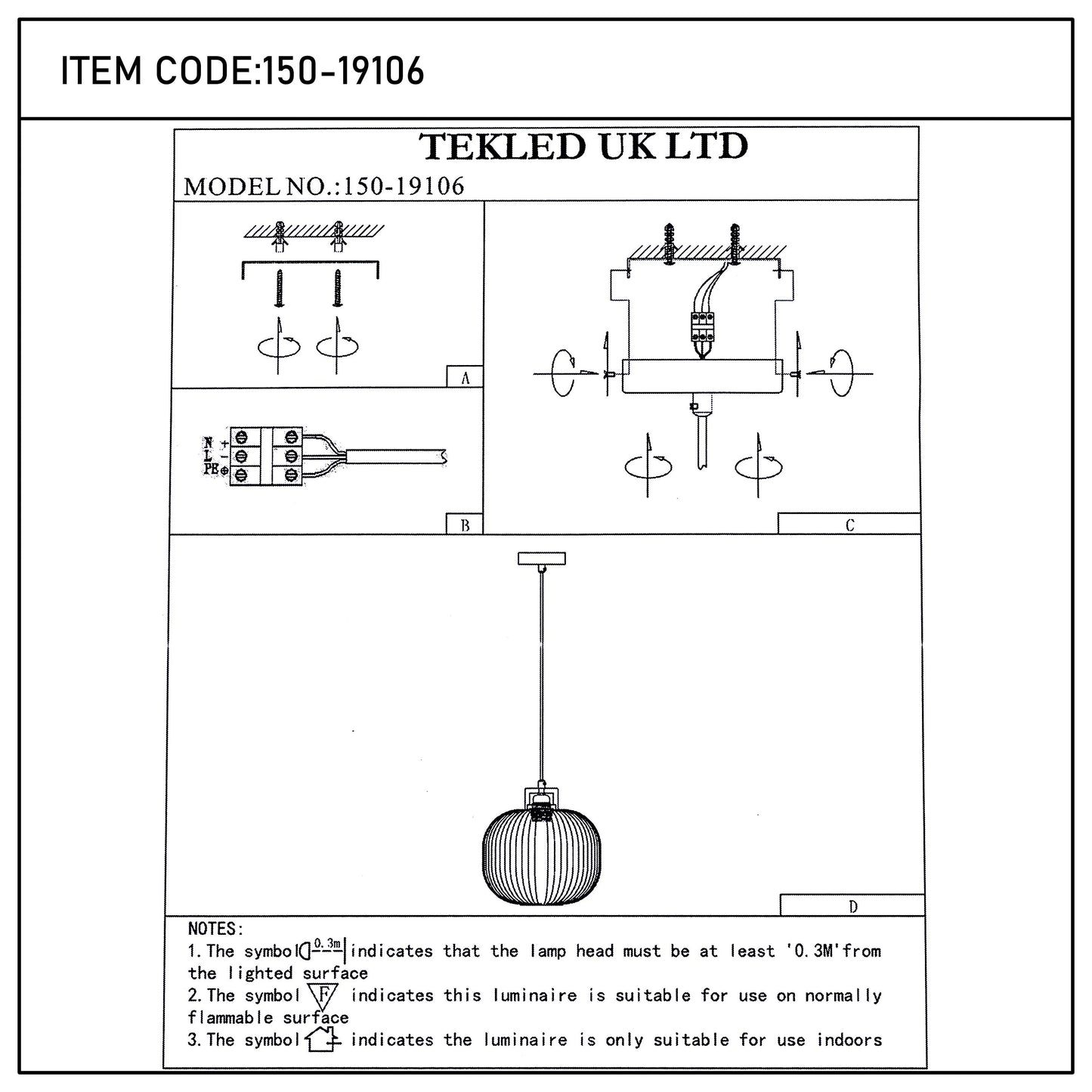 Technical diagram of a pendant light with installation instructions and safety notes for indoor use on non-flammable surfaces.