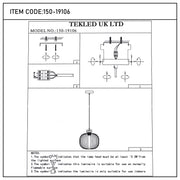Technical diagram of a pendant light with installation instructions and safety notes for indoor use on non-flammable surfaces.