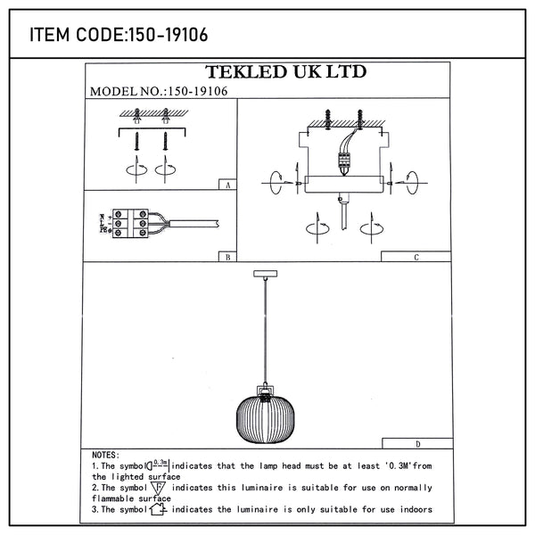 Technical diagram of a pendant light with installation instructions and safety notes for indoor use on non-flammable surfaces.