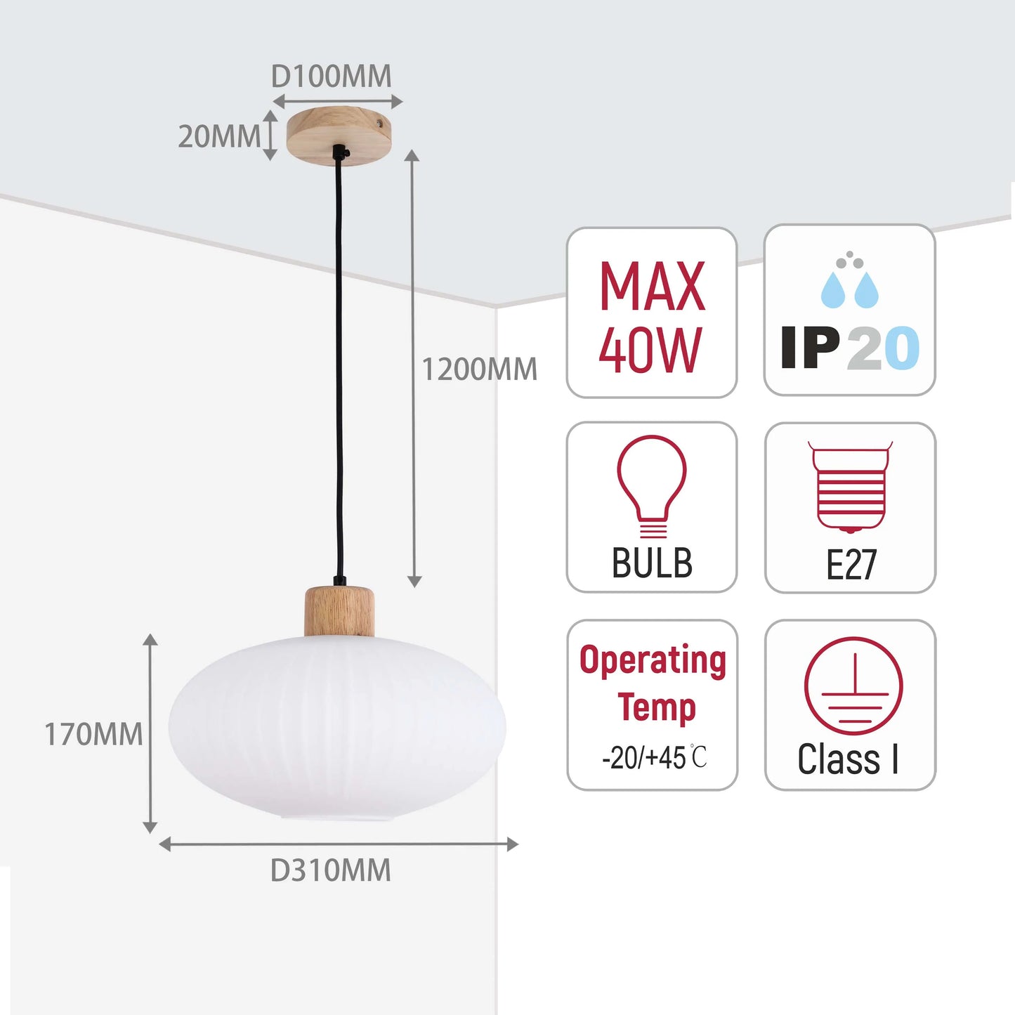 Modern pendant light with glass globe, wooden accents, and dimensions displayed. Perfect for adding style to any room.