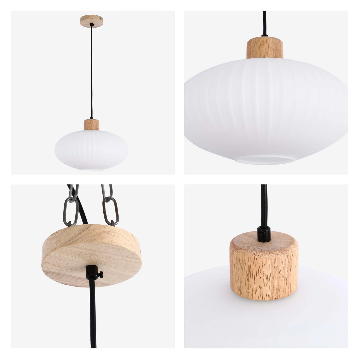A modern pendant light with a round, white glass shade and wooden detailing. Perfect for adding a touch of Scandi style to any room.