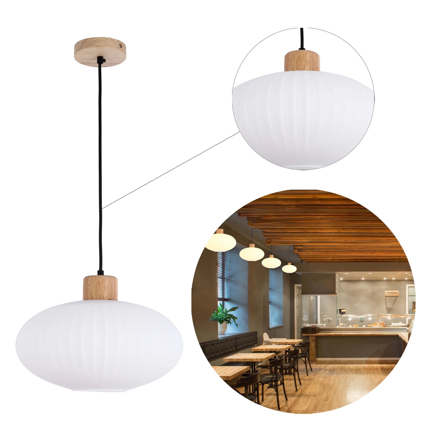 Stylish pendant lights feature a wood fixture and ribbed white glass shade, casting a warm glow over a modern cafe setting.