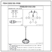 Technical drawing of a TEKLED UK LTD pendant light, showing dimensions, fittings, and safety information. Model number: 150-19108.