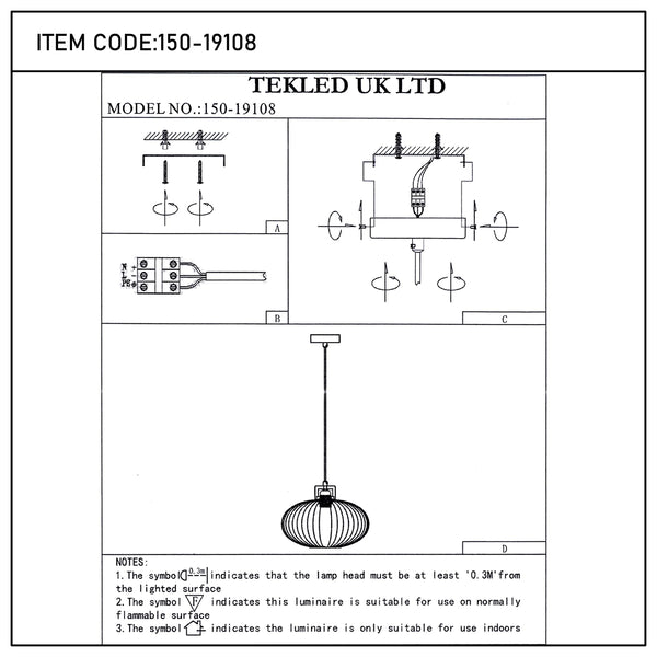 Technical drawing of a TEKLED UK LTD pendant light, showing dimensions, fittings, and safety information. Model number: 150-19108.